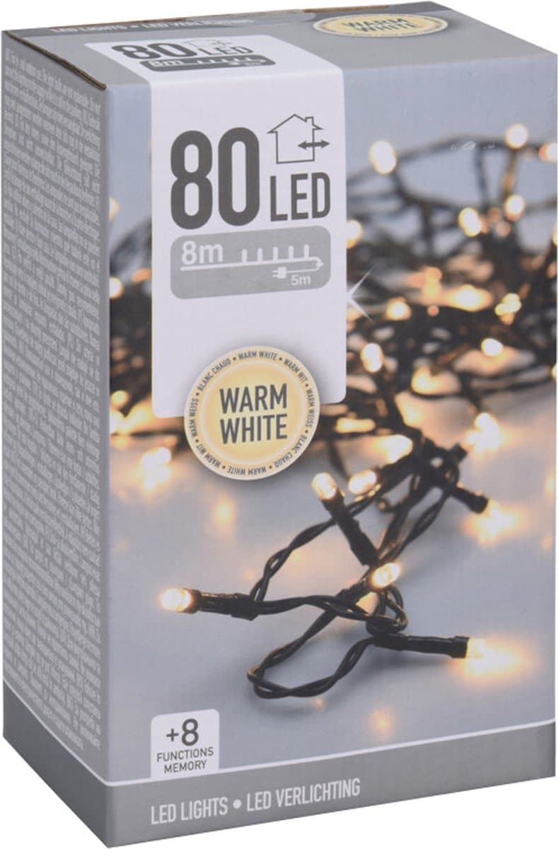 Kerstverlichting - 2x - lichtsnoer - 80 led lampjes - warm wit - 8 meter - kerstlampjes