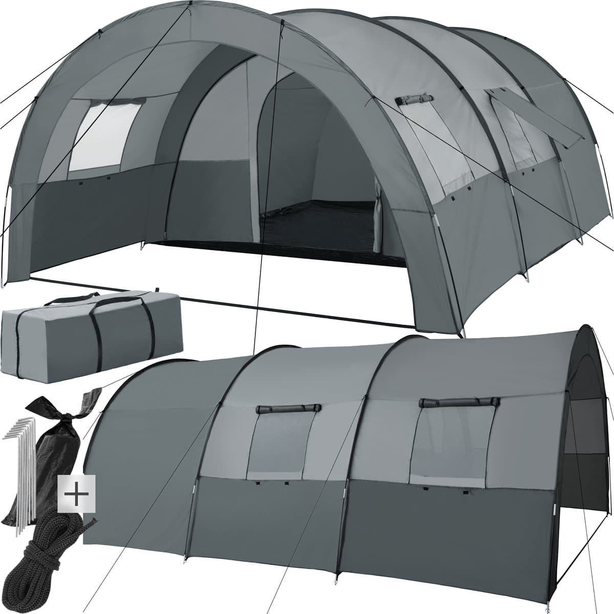 tectake® Tunneltent voor 6 personen - 480 x 350 x 195 cm - Familietent op stahoogte - Voortent - Campingtent grote slaapcabine met grondzeil - 4 ramen - Waterafstotend - donkergrijs/lichtgrijs