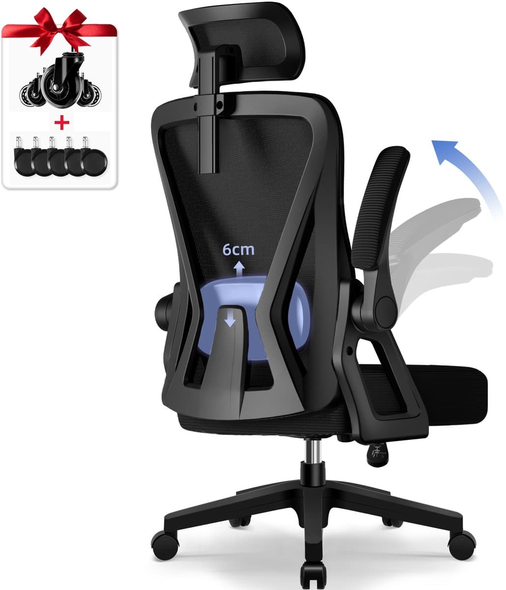 Bureaustoel Hiaonyx - ergonomische stoel voor volwassenen - 4D lendensteun - Opklapbare armleuningen - Vergrendelbare rugleuning - Met stille wielen - Kantelbaar tot 135° - Zwart