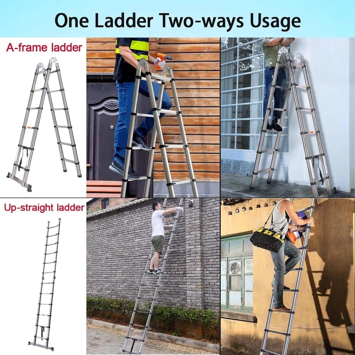 QJ Supply - Telescopische Ladder - Vouwladder - A-Frame - Uitschuifladder - RVS - Antislip - 150KG - Zilver