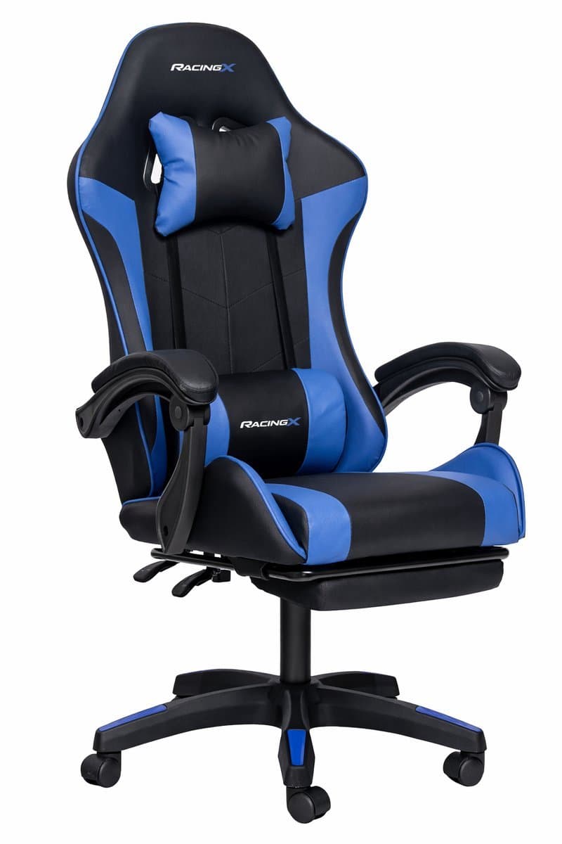 RACINGX - Game Stoel Met Voetsteun- Gaming Stoel - Ergonomische Bureaustoel - Gamestoel - Verstelbaar - Gaming Chair - Zwart/Blauw