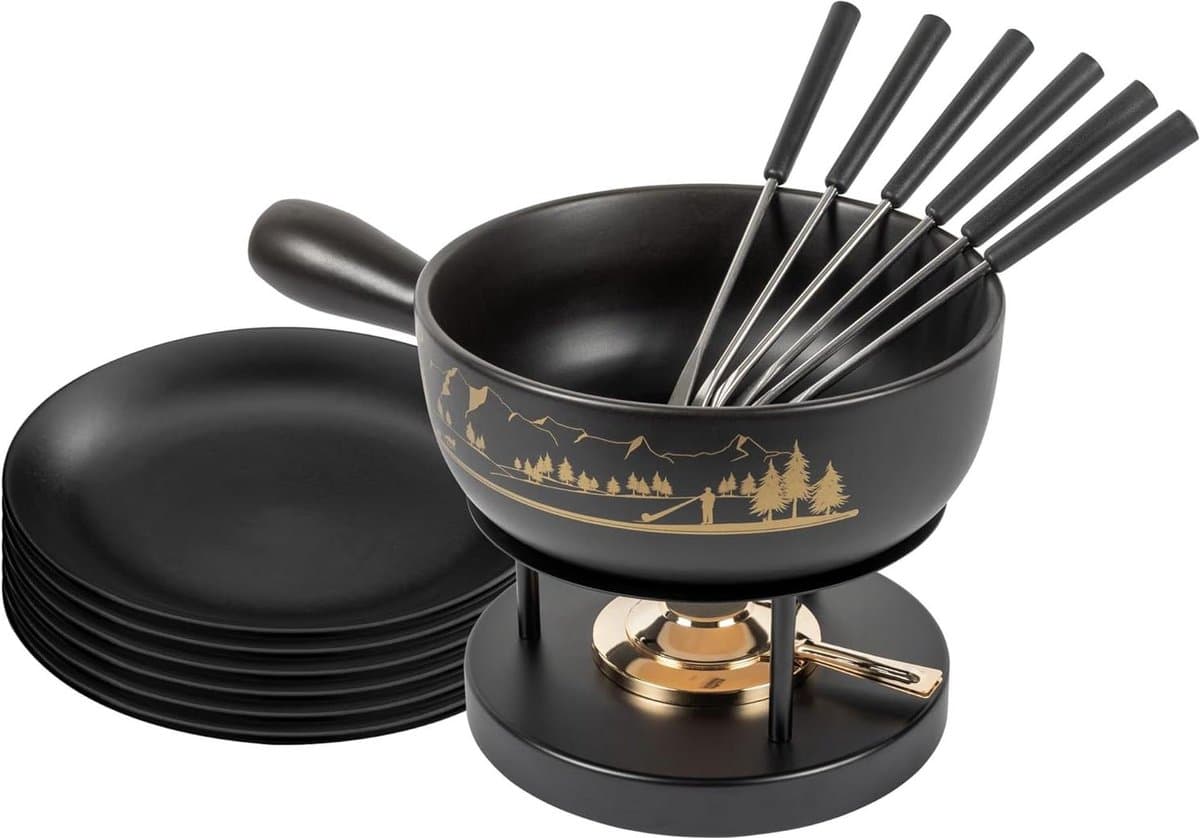 Kaasfondue set - Fonduepan met toebehoren - Gezellig eten - Handgemaakt van klei - 23 cm - Bruin