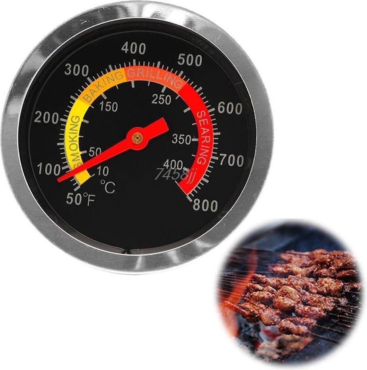Barbecue thermometer - temperatuurmeter - Tot 400 graden - inbouw - voor BBQ, smoker, kamado, rookoven, pizzaoven - RVS - Geschikt voor o.a. Weber & Houtskoolbarbecues