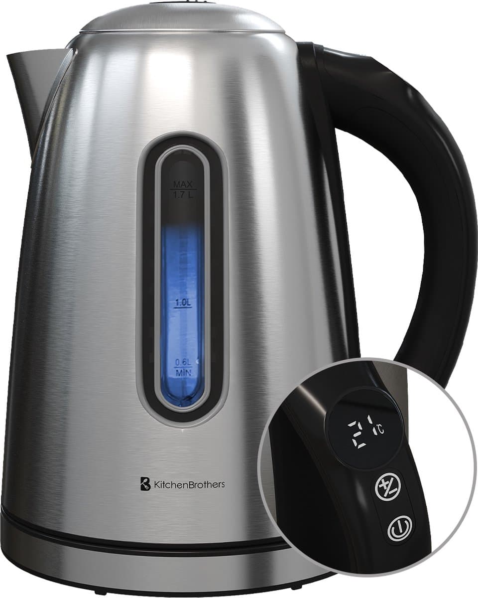 KitchenBrothers Waterkoker - Met Temperatuurregeling - Elektrisch - PFAS- & BPA-vrij - Met Kalkfilter - 1,7L - RVS