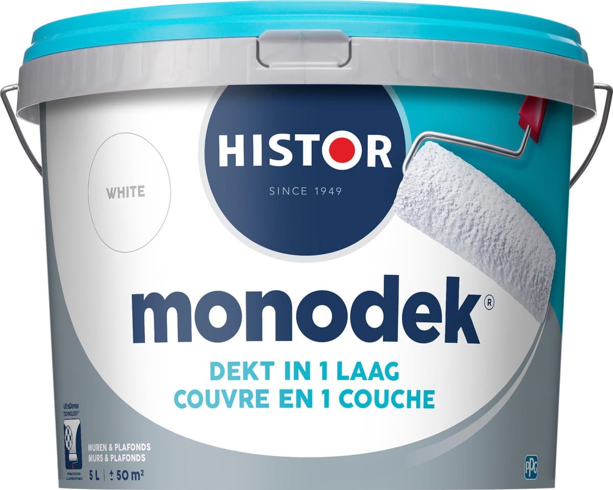 Histor Monodek – Muurverf Binnen Mat – Dekt in 1 Laag – Afwasbaar – Geurarm en Oplosmiddelvrij – Met Ultra Dense Technology voor Extra Dekkracht – Voor Binnen – Wit – 5L
