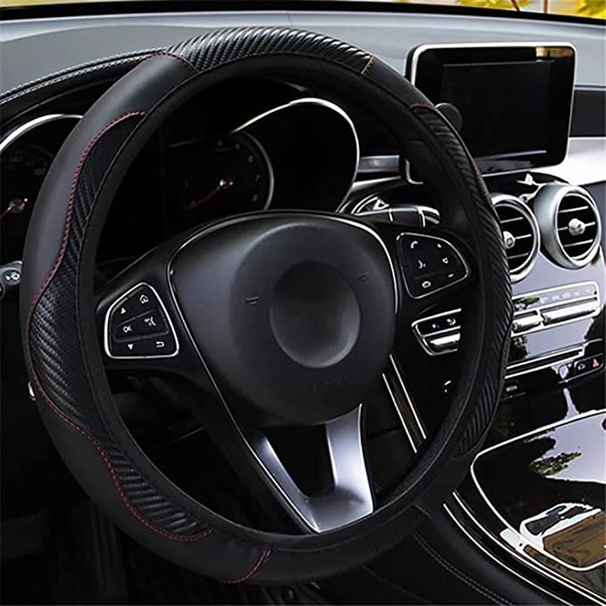 Auto Stuurhoes Ademende Anti Slip Pu Lederen Steering Covers Geschikt 37-38Cm Auto Decoratie Koolstofvezel