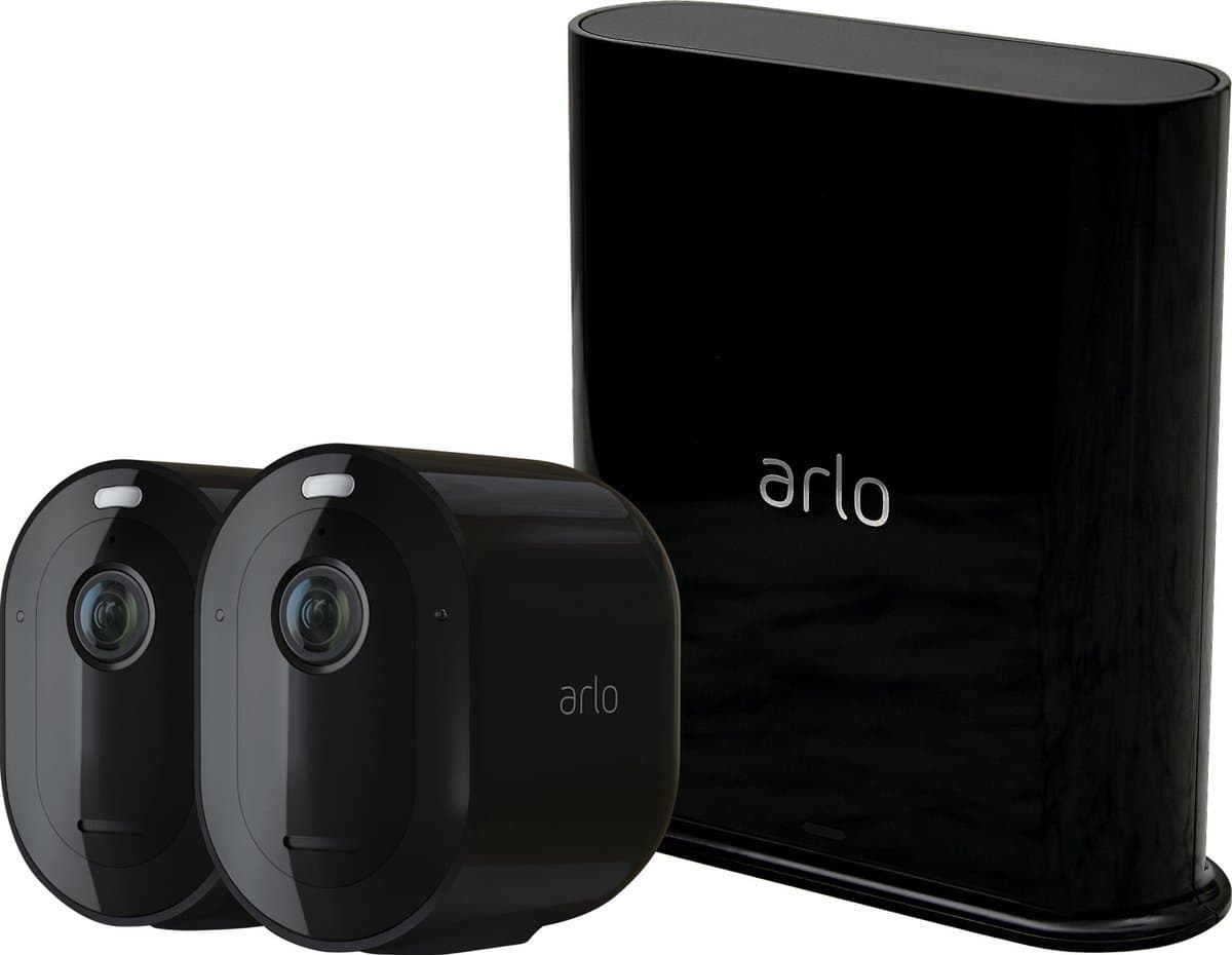 Arlo Pro 3 draadloze WiFi-beveiligingscamera voor buiten, 2K HDR, 160˚ kleurennachtzicht, sirene & spotlight, bewegingsdetectie, 2-weg-audio, 6 mnd batterij, incl. proefp. Arlo Secure,2 IP-Camera's incl. Smart Hub (lokale opslag), zwart
