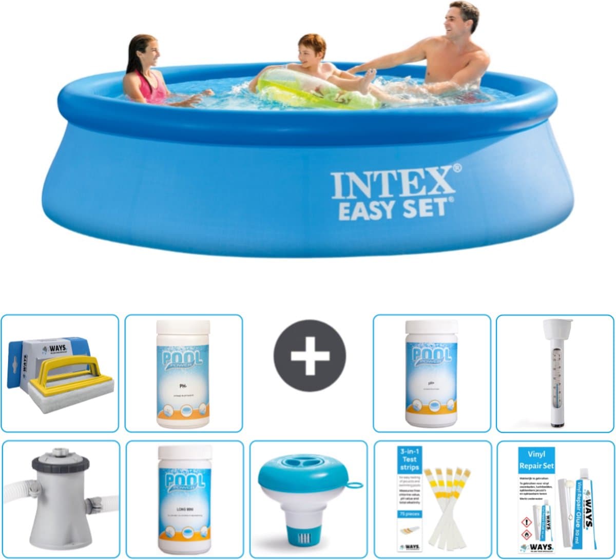 Intex Rond Opblaasbaar Easy Set Zwembad - 305 x 76 cm - Blauw - Inclusief Pomp Chloor - Chloordrijver - Testrips - Reparatiesetje - Scrubborstel - PH-waarde - PH-waarde - Thermometer