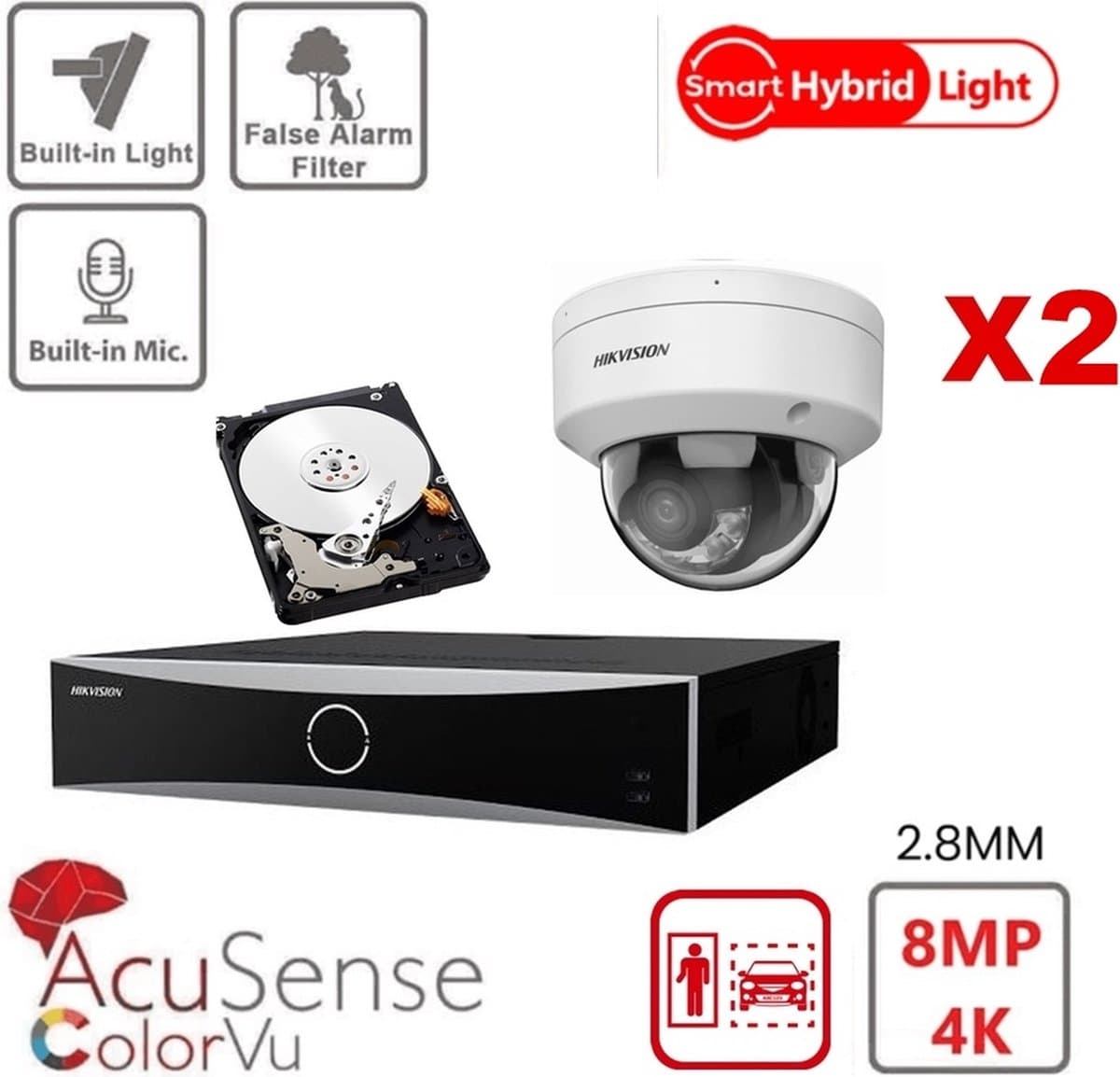 HIKVISION Acusense Camera Kit - Smart Hybrid Light + ColorVu - 2x 4k-8MP IP Camera Dome Geïntegreerde Audio - Acusense NXI-serie 4xChannel NVR met POE - 2TB harde schijf uitbreidbaar tot maximaal 4x IP-camera Nieuw!