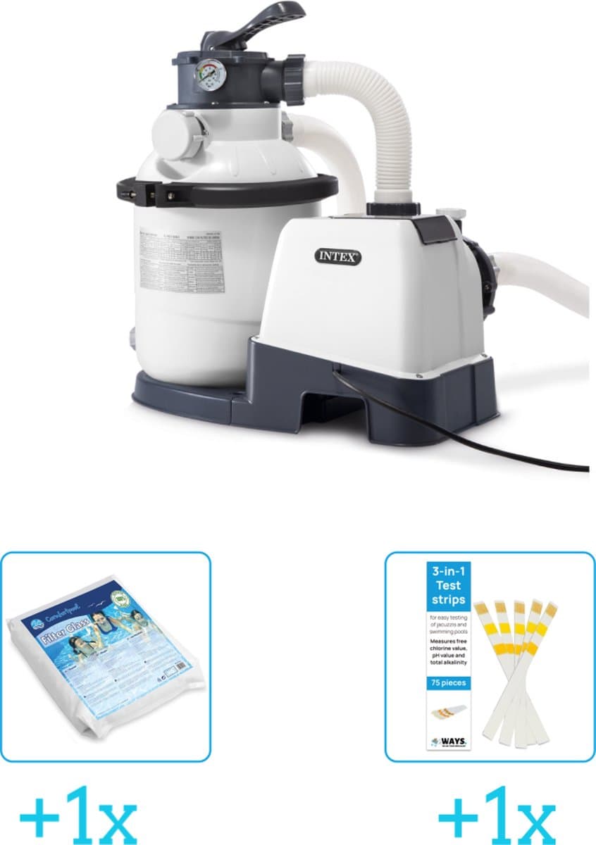 Intex 26644GS Zandfilterpomp - SX1500 - 4000 liter per uur inclusief Comfortpool Glasparels - Voor Filterpomp - 20kg (1 stuks) & WAYS Testrips (1 stuks)