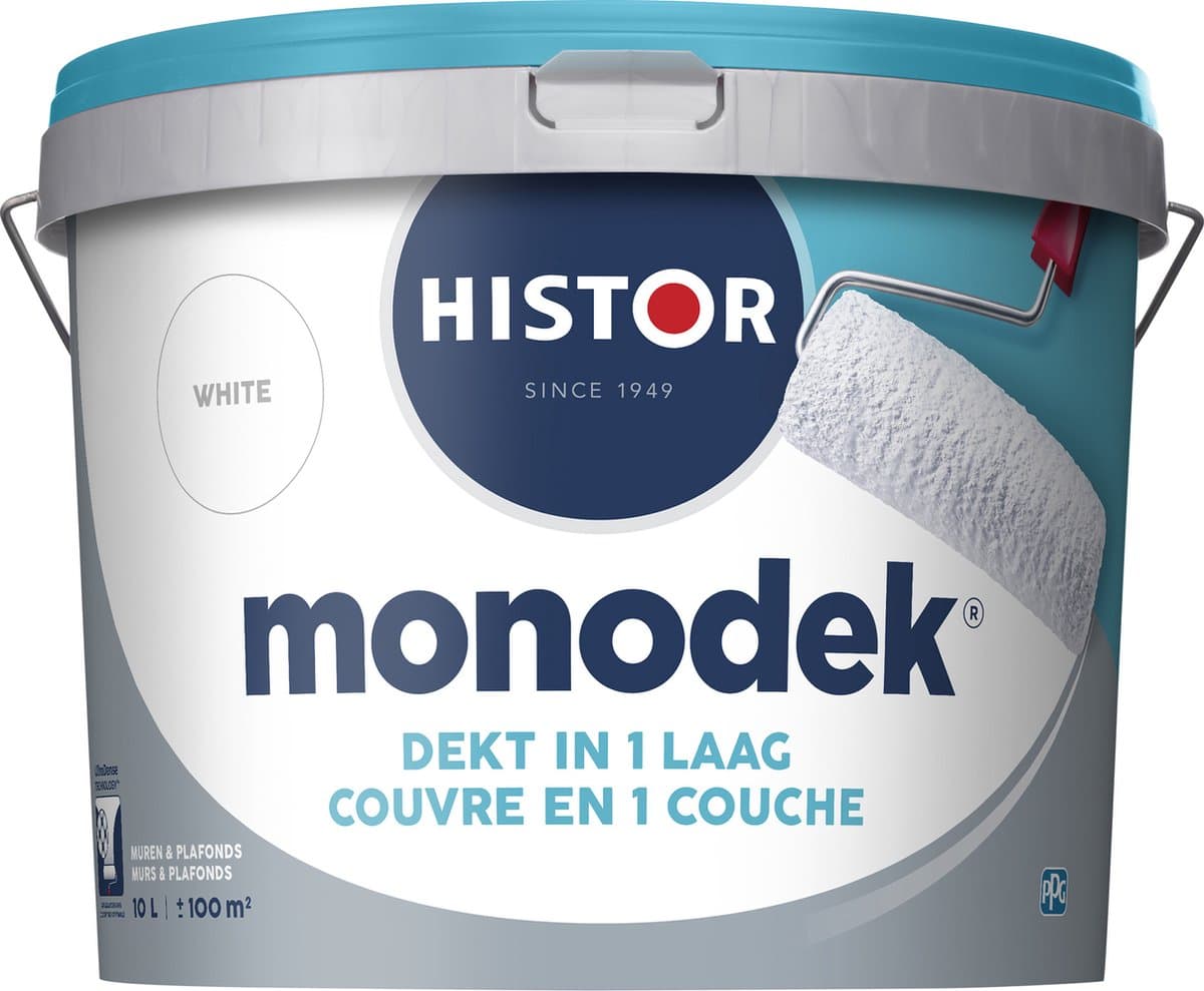 Histor Monodek – Muurverf Binnen Mat – Dekt in 1 Laag – Afwasbaar – Geurarm en Oplosmiddelvrij – Met Ultra Dense Technology voor Extra Dekkracht – Voor Binnen – Wit – 10L