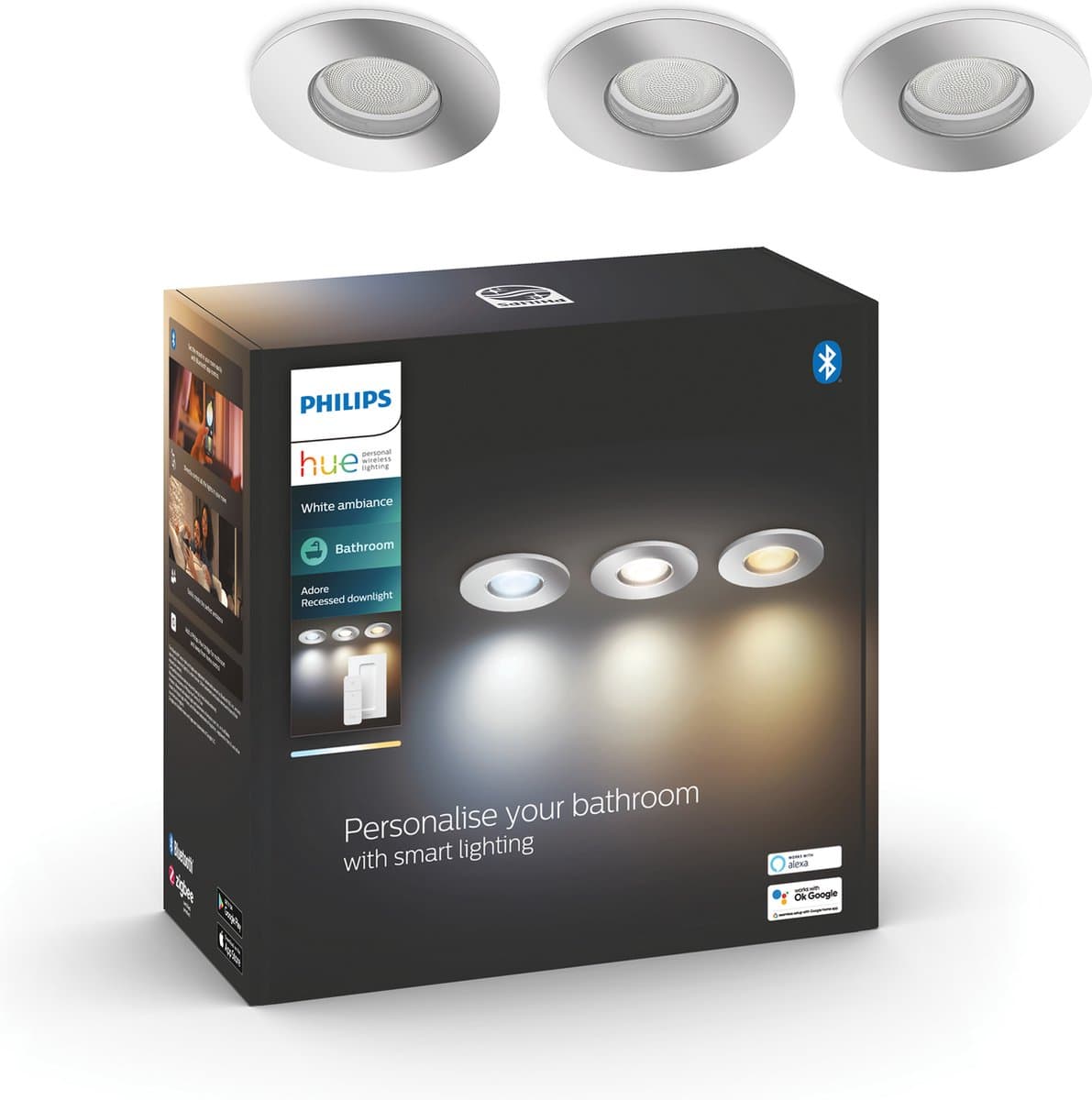 Philips Hue Adore badkamerinbouwspot - warm tot koelwit licht – 3-pack - 1 dimmer switch - chroom