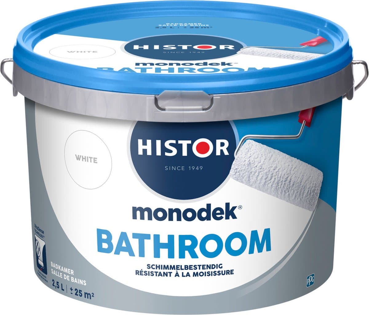 Histor Monodek Bathroom – Matte Badkamer Muurverf – Vochtregulerend en Schimmelbestendig – Dekking in 1 Laag – Geurarm en Oplosmiddelvrij – Muurverf voor Binnen – Wit – 2,5L