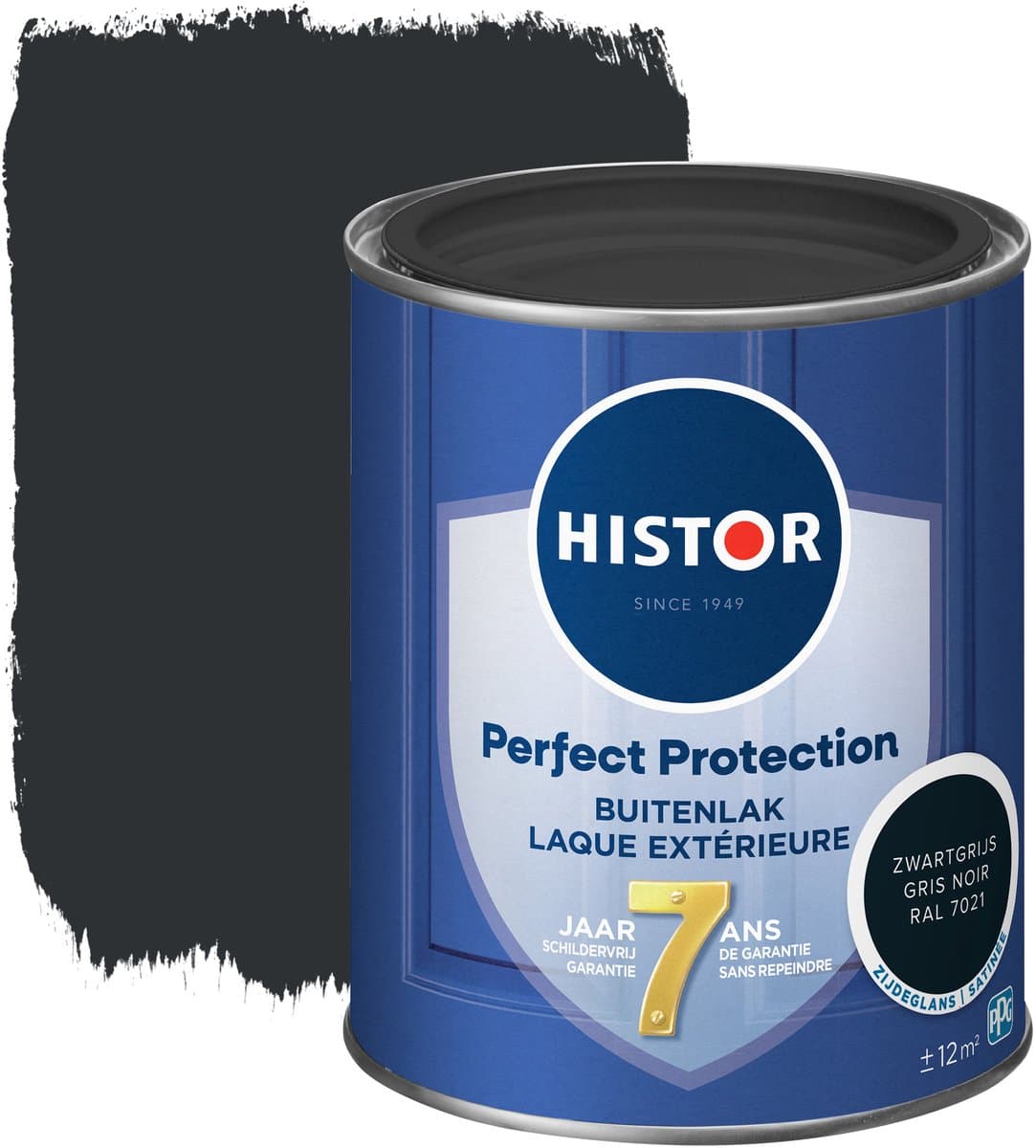 Histor Perfect Protection Buitenlak - Houtlak - Houtverf voor Buiten - Zijdeglans Verf voor Hout - Buitenverf - Zwartgrijs RAL 7021 - 0.75 L