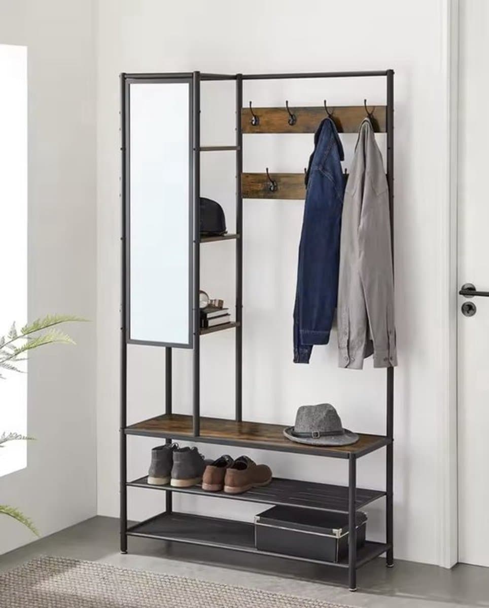 Grokos - Kapstok - Kapstok met Schoenenrek - Spiegel - Kledingrek - Garderobekast - Planken - 7 Haken - 182x98 cm - Schoenen rek - Hout en metaal - Industrieel - Bruin/Zwart