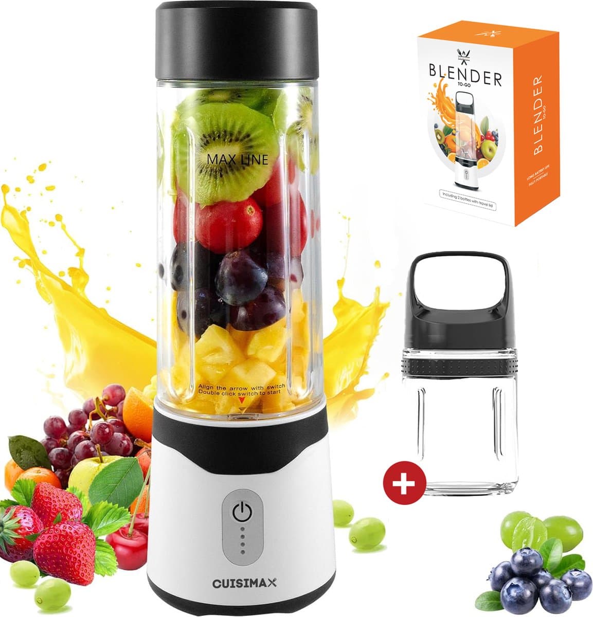 Cuisimax Blender To Go - Met 2 Drinkflessen - Draadloos - 550ML - Smoothie maker - Draagbare blender - Oplaadbare mini blender