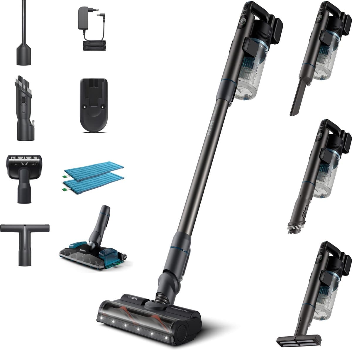 Philips Steelstofzuiger met Dweilfunctie XC8055/01 Aqua Plus - Draadloos en Zonder Zak - Zuigmond met LED Verlichting - Kruimeldief - Batterijduur tot 80 min - Lichtgewicht - Blauw