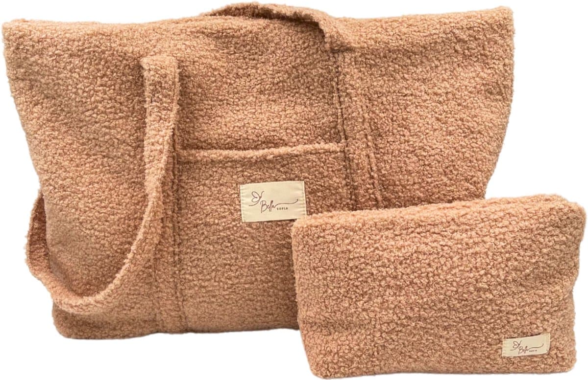 Bella Sofia® Dames Schoudertas - Beige Teddy Stof Mom Bag met Toilettas - Veelzijdige Shopper en Luiertas met Rits