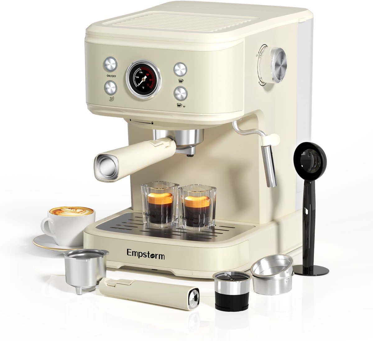 Empstorm Semi‑automatische espressomachine - 20Bar Druk - PID Temperatuurregeling Geschikt voor gemalen koffie & capsules - 1,5L Watertank -wit