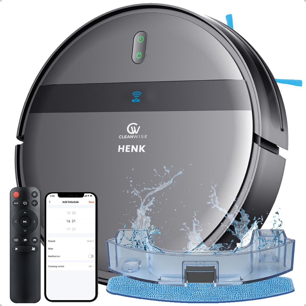 CleanWise Henk Robotstofzuiger – Nederlands Product – Voor Huisdieren – Met Dweilfunctie & Laadstation – Dweilrobot – 4500 Pa – HEPA 14 – Ultra dun 7,4 cm – App & Spraakbediening – Voor Huisdierharen, Harde Vloeren & Tapijt
