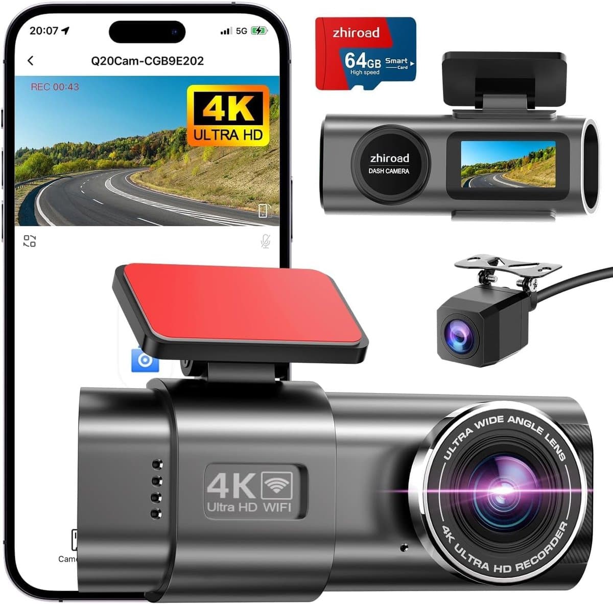 Dashcam auto 4K voor en achter – WiFi dashboardcamera met 64GB SD-kaart, G-sensor en nachtzicht