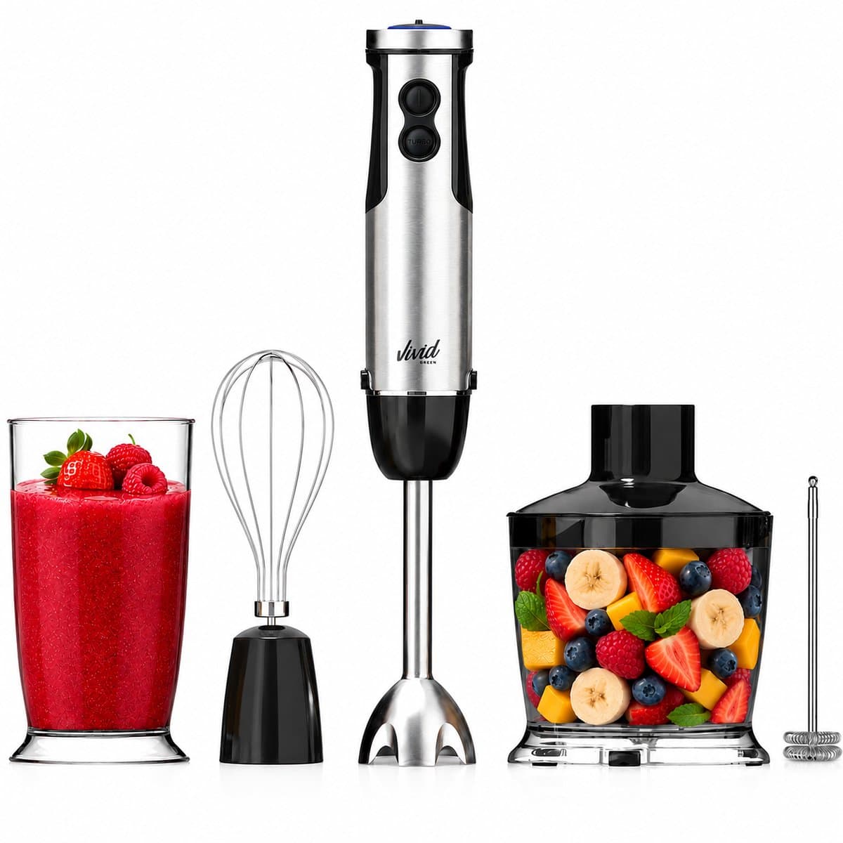 Staafmixer 5-in-1 Set - 1000W - Vaatwasserbestendig - Incl. Hakmolen, garde, melkopschuimer & Maatbeker - 12 Snelheden + Turbofunctie - RVS - Vivid Green