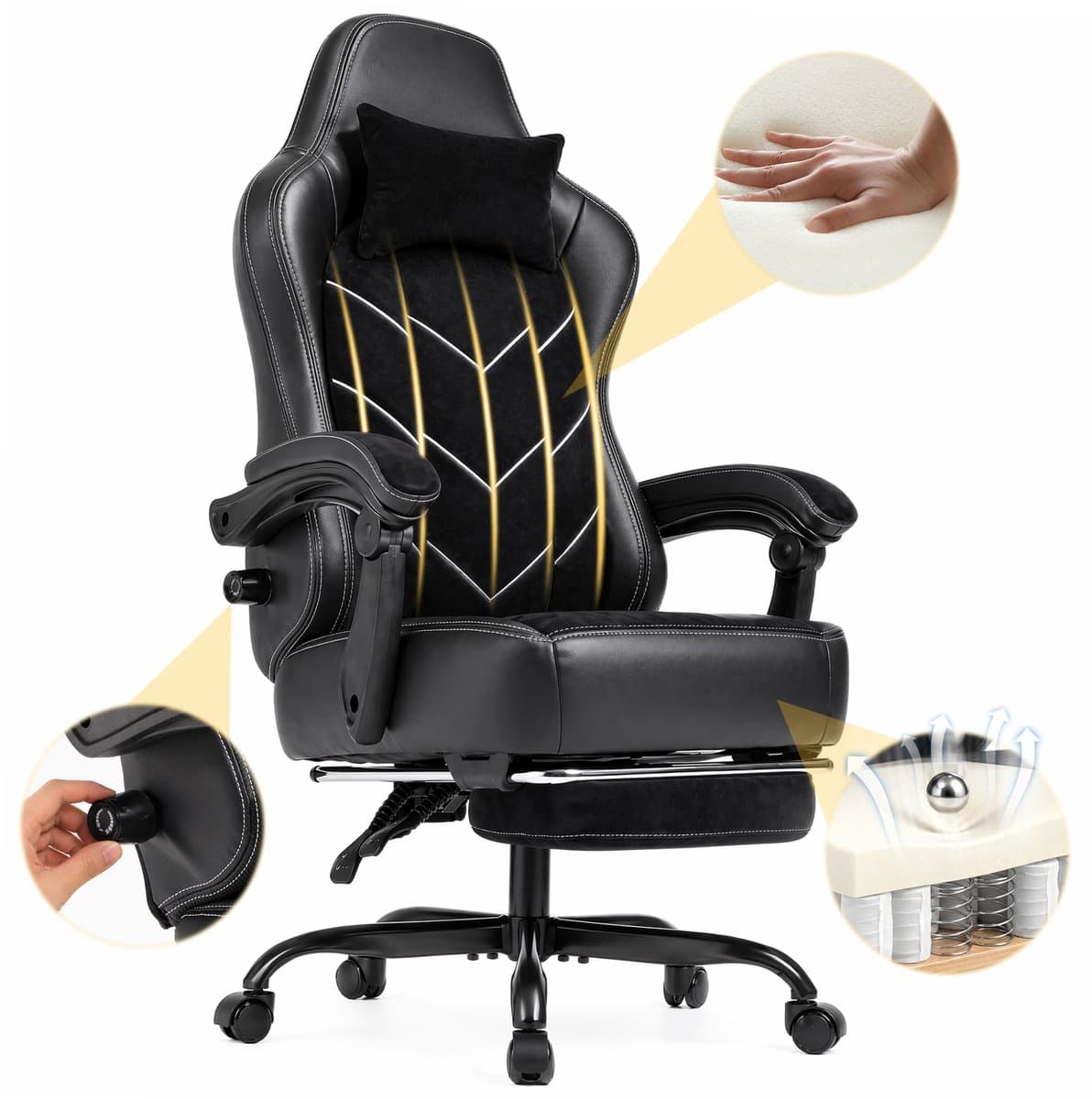 Devoko Game Stoel - Ergonomische Gamestoel - Unieke zijde - katoen stof - Individuele veerkern - Gaming chair met Uitschuifbare Voetensteun-Bureaustoel met hoofdsteun en lendensteun- 150 kg - Zwart