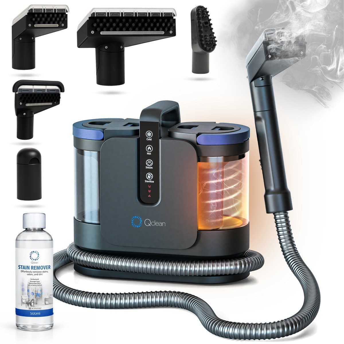 Qclean® Tapijtreiniger PRO - 4-in-1 Vlekkenreiniger Met Stoomfunctie - Zelfreinigend - Tapijtreiniger Stofzuiger- Zetelreiniger Stoomreiniger- Bank reiniger- Reinigingsmachine- Matrasreiniger - Waterstofzuiger - Incl. Schoonmaakmiddel