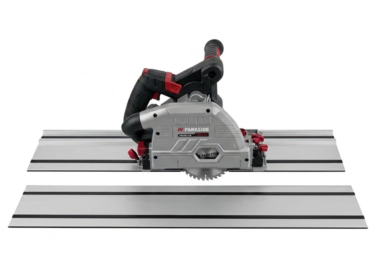 PARKSIDE PERFORMANCE® Accu-invalzaag 20V zonder accu - Cirkelzaag met geleiderail - 1x universeel zaagblad (Ø 140 mm) met 42 tanden, 1x parallelle aanslag, 2 delige geleiderail met verbindingselement, 2x inbussleutel, 1x reduceerstuk