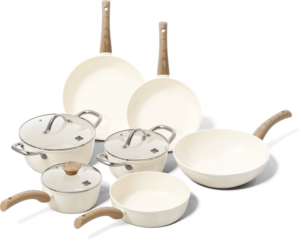 Cook & Pan 7-Delige Pannenset Crème - PFAS vrij - Alle Warmtebronnen - Pannen Set met 7 jaar Garantie - Krasbestendige Anti Aanbaklaag - Vaatwasserbestendig - Gas, Inductie, Elektrisch, Oven - Koekenpan, Wokpan, Steelpan, Hapjespan, Kookpot - Beige