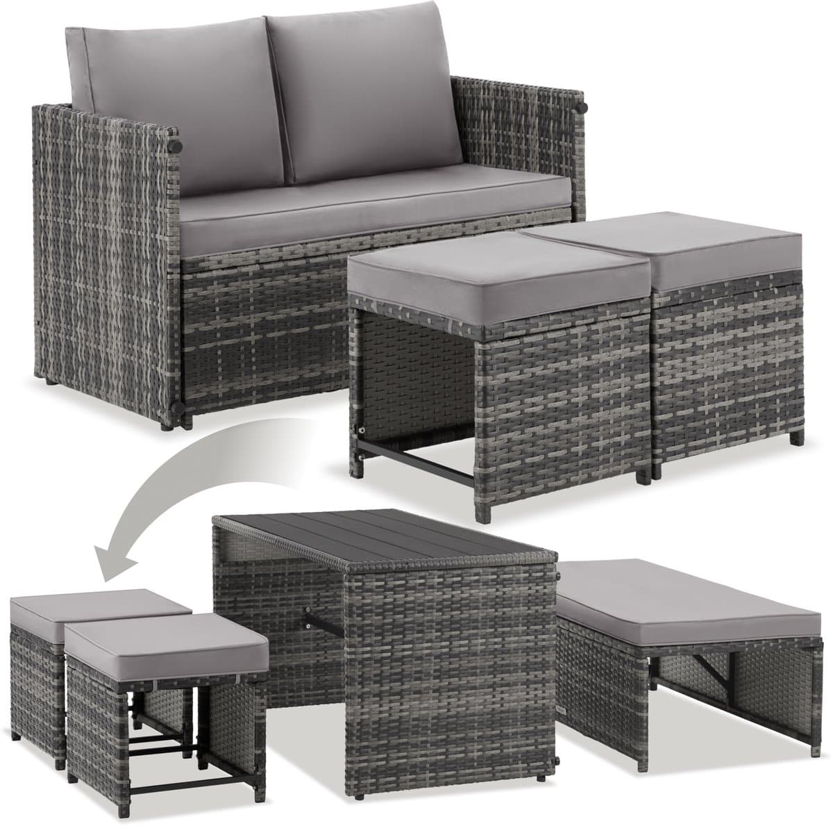tectake® 2-in-1 Wicker Loungeset - Modulaire Tuinset - Te gebruiken als Tuinbank en Voetenbankjes - Tuintafel - Zitgroep voor 2 of 4 Personen - 110 x 60 cm - Tuinmeubelen - Voor Tuin, Balkon en Terras - Inclusief Kussens - Grijs