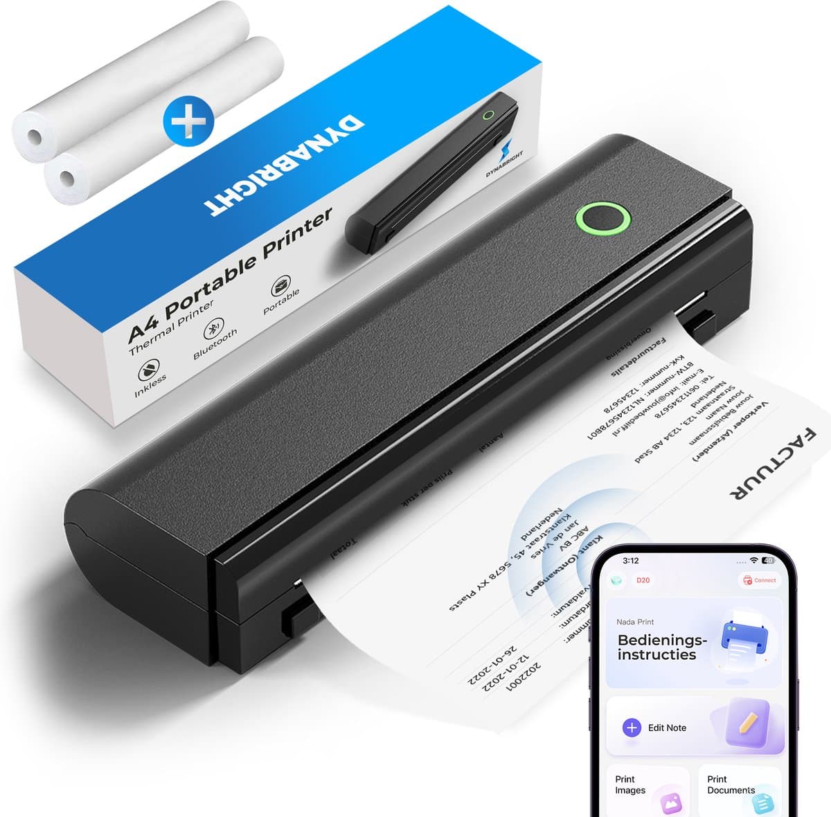 Dynabright Draadloze Thermische Printer - USB/USB-C - Pocket Printer voor Smartphone - Incl 2 rollen Papier - Draagbare Mini Printer voor Mobiel, Tablet en Laptop – A4 / US Letter - Thuis / School / Onderweg - Bluetooth