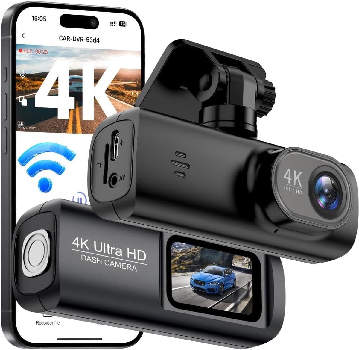 Dashcam - Dashcam voor auto - Dashcam 4K Voorzijde - Ultra HD - Mini Autocamera - APP Bediening - Ingebouwde Wi-Fi & G-sensor - 24-uurs Parkeermodus, Nachtzicht, WDR, Loopopname, Ondersteuning voor maximaal 256 GB