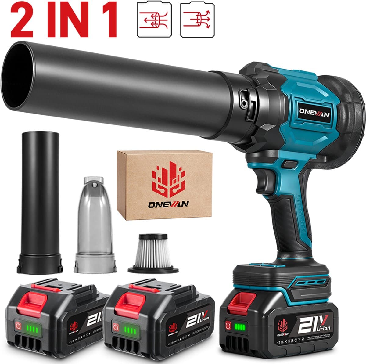 ONEVAN Accu Bladblazer - Stofzuiger - 2-in-1 - luchtsnelheid 350 km/u - Borstelloze Bladblazer - Handstofzuiger - Draagbare Stofblazer - voor Bladeren en Tuinafval, Auto