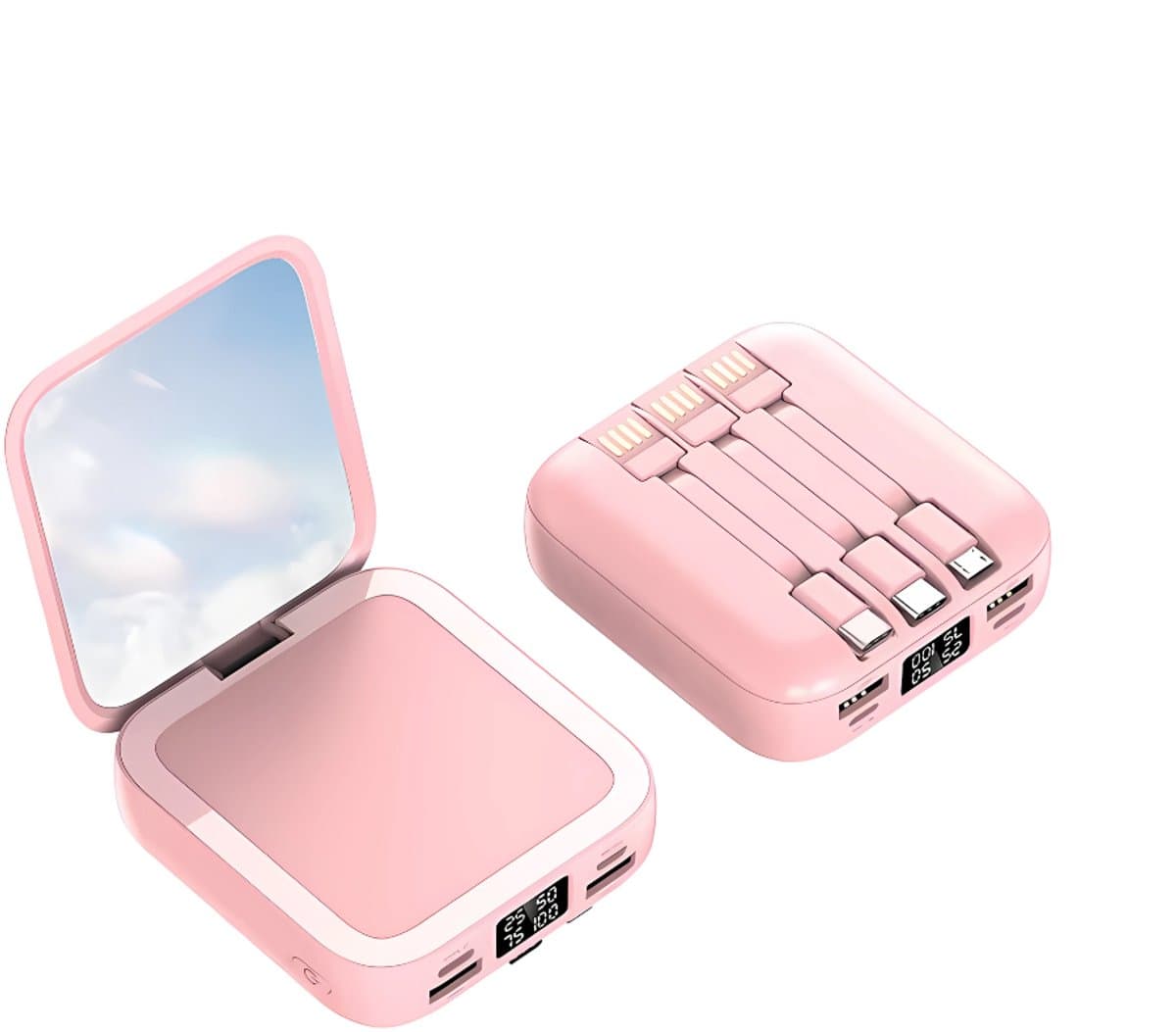 Powerbank 10.000 mAh – Roze – Met ingebouwde kabels & display – Draagbare oplader / externe batterij voor smartphone & tablet