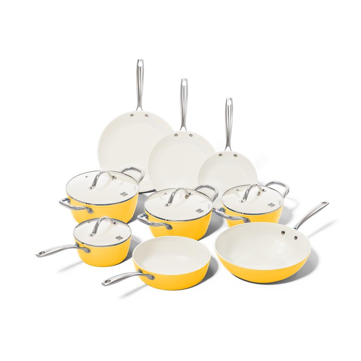 Cook & Pan 9-Delige Pannenset Sunny Side Geel - PFAS vrij - Alle Warmtebronnen - Pannen Set met 7 jaar Garantie - Krasbestendige Anti Aanbaklaag - Vaatwasserbestendig - Gas, Inductie, Elektrisch, Oven - Koekenpan, Wokpan, Steelpan, Hapjespan, Kookpot