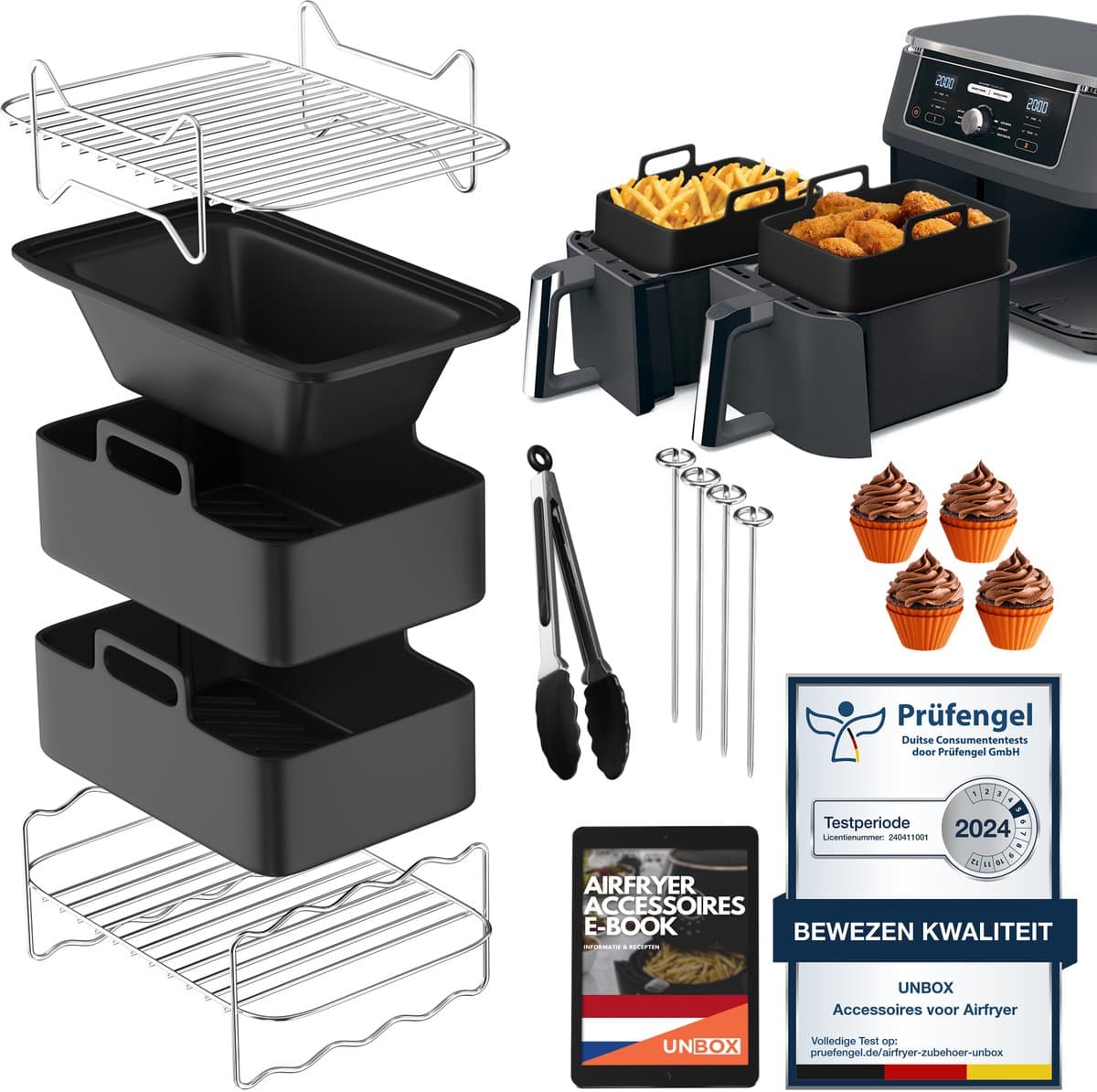 UNBOX Airfryer Accessoires - Geschikt voor Dual Airfryers - Ninja Foodi AF300 AF400 AF451 - Dubbele Airfryer - Inclusief Airfryer Siliconen Bakje & E-Book