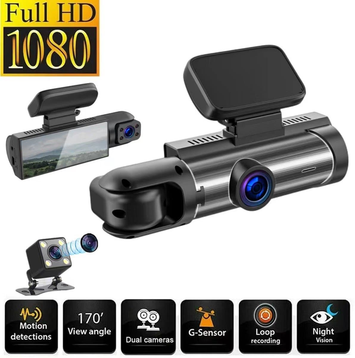 Dashcam voor auto - Inclusief WIFI & APP - Dubbele lens rijrecorder - Bewegingsdetectie en parkeermodus - G-sensor - Full HD - 170° groothoeklens - Loop-opname - Micro SD-kaart 32 GB