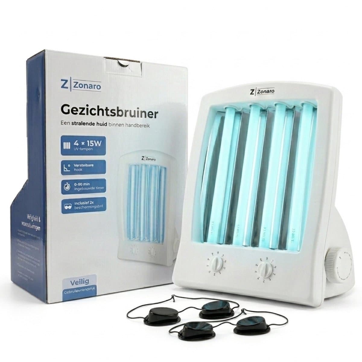 Zonaro Gezichtsbruiner – Zonnebank – Zonnehemel – Gelaatsbruiner – Solarium – Gezichtsbruiner Hals en Schouder – Inclusief 2x Zonnebank Bril – 4x 15W Lampen – Timer & Geheugenfunctie