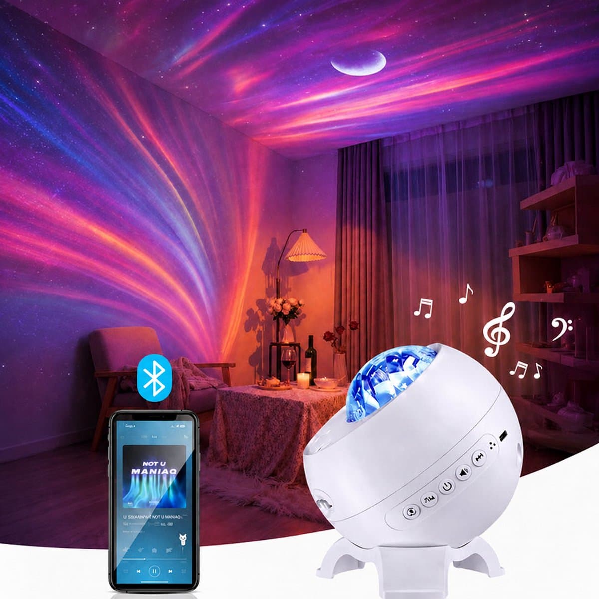 Sercano Sterrenhemel Projector – Aurora Projector met Groene Laser - 16 Kleuren - Bluetooth Speaker - 8 Geluiden & 5 Films - Timer - USB Aansluiting - voor Volwassenen Slaapkamer