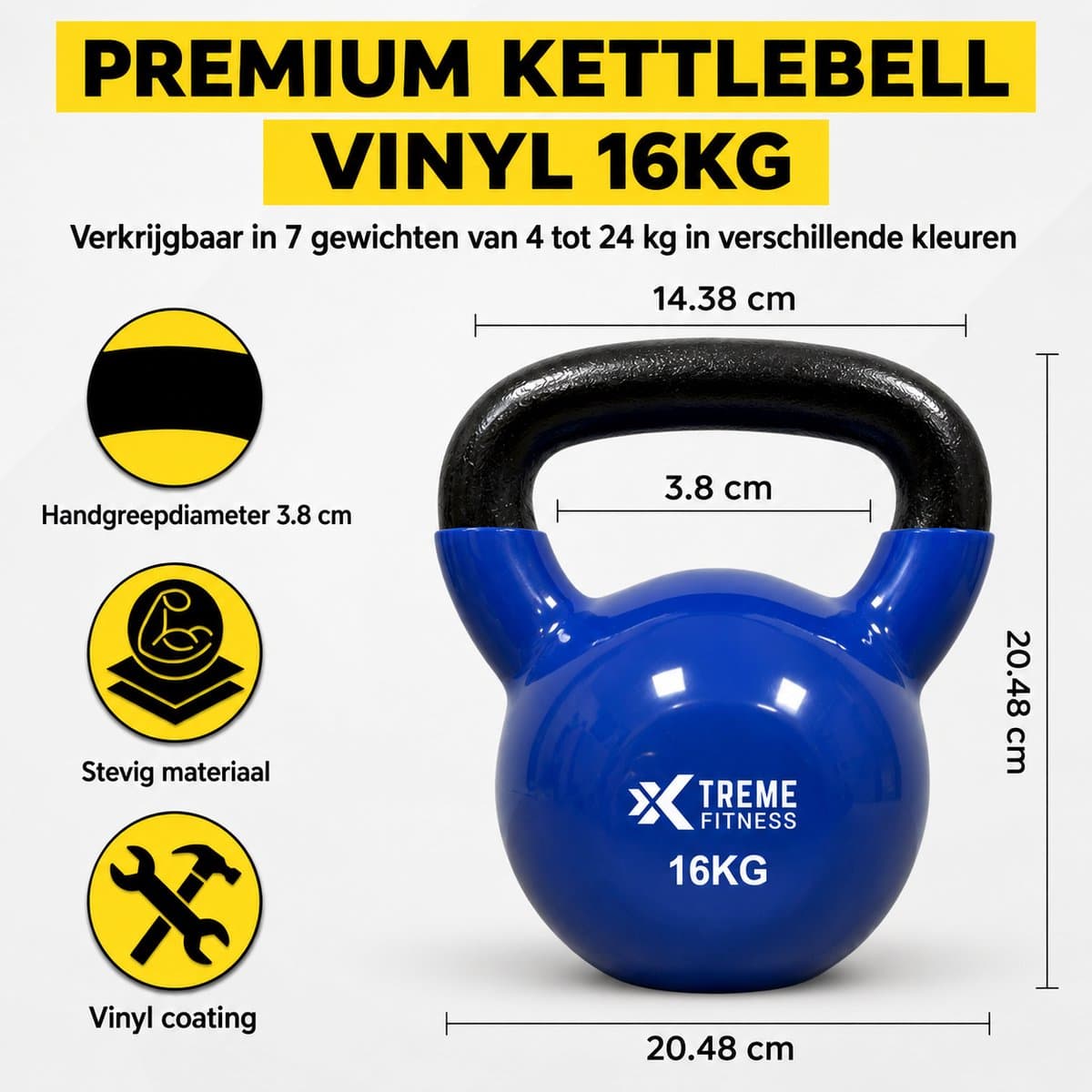 Xtreme Fitness Kettlebell Vinyl 16kg - Vinyl Kettlebell voor Krachttraining - Ergonomische & Brede Handgreep - Gewichten - Geschikt voor CrossFit & Fitness - Conditietraining - Fitness gewichten