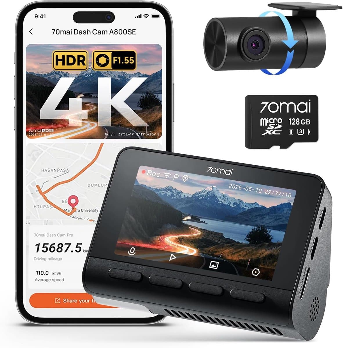 Dashcam auto 4K - voor- en achtercamera - GPS, WiFi, nachtzicht en 128GB SD-kaart