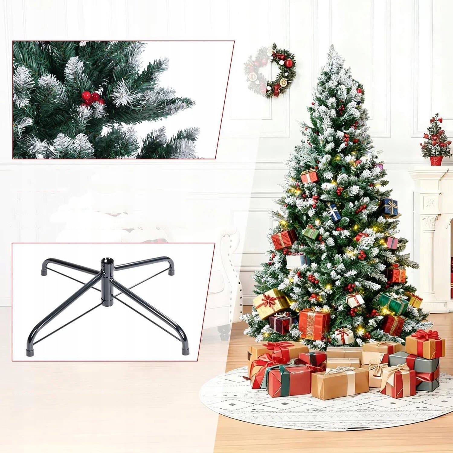 ANNA 210cm Kunstkerstboom met LED – Realistische Sneeuwlook, Met Ster Top & Dennenappels – Metalen Standaard - Groen