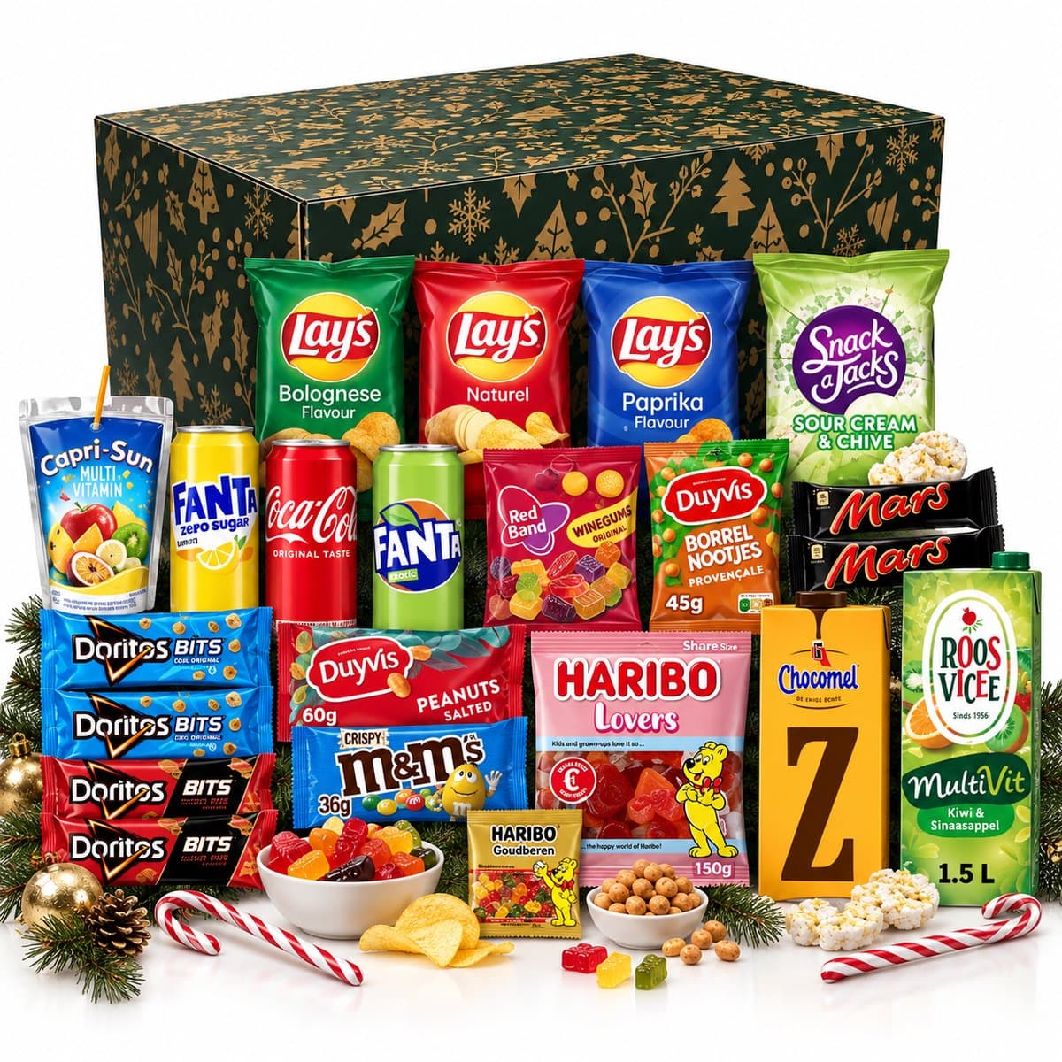 Kerstpakket Deluxe - Geschenkpakket - Vol Snacks & Drinken - Kerstpakket Eten - Kerstpakketten - 24 producten - Kerstpakket Food