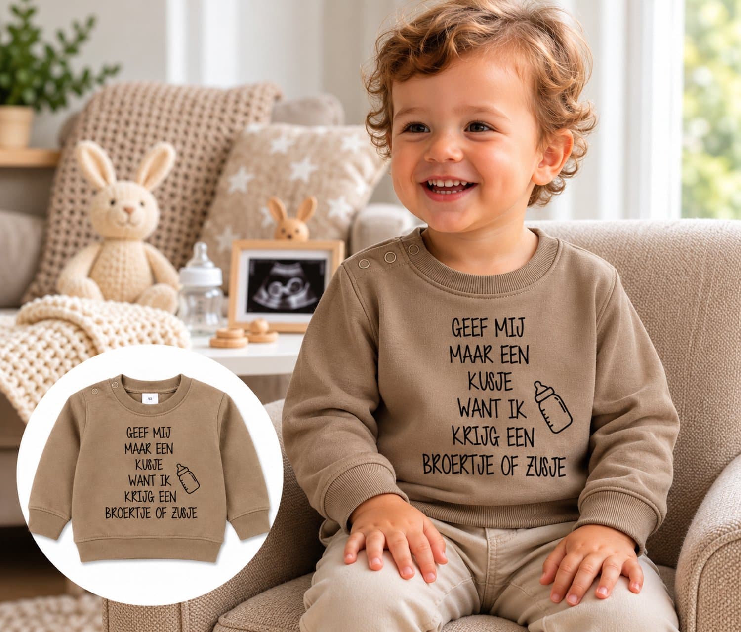 Shirt trui sweater tekst voor kind baby Aankondiging zwangerschap kusje broertje zusje Ik word grote zus / broer beige maat 86 zwanger geboorte cadeau zwangerschap aankondiging bekendmaking Baby big sis sister