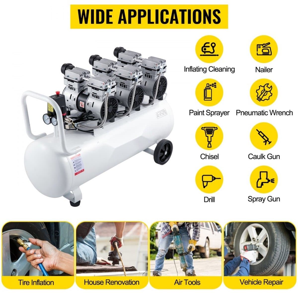 Olievrije Luchtcompressor - Fluisterstil - 100 L Tank - 2 Drukmeters - Voor Schilderen & Huisreparaties - Vloerverwarming Reinigen - Perslucht Toepassingen