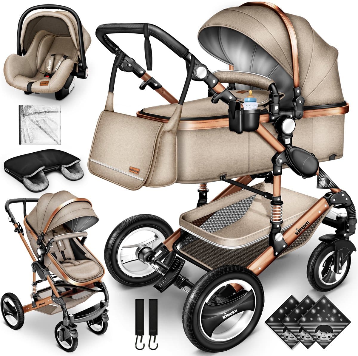 Buggy-Kinderwagen 3 in 1-kinderwagens Complete Set- One -Click Opvouwbare Kinderwagen-Kinderwagen Set voor Baby's Pasgeborenen XXL Set-(Beige / Goud).