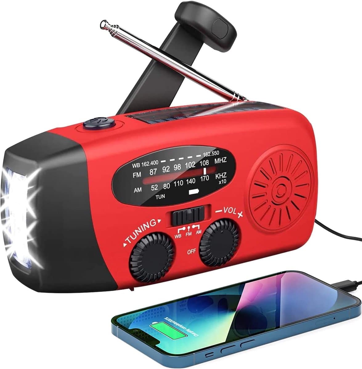 Emergency Radio Solar – Draagbare Radio op Batterijen met AM/FM, 2000mAh Powerbank, Dynamo LED Zaklamp, USB Charger, SOS Alarm en Kompas voor Camping en Rampen