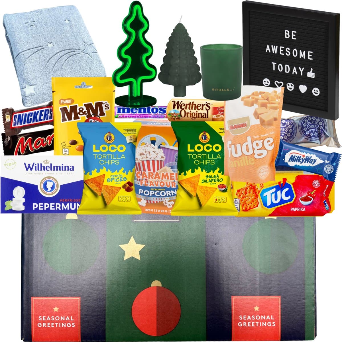 Kerstpakket M - Incl. Gadgets & Food t.w.v €75 - Cadeaupakket - Feestpakket - Doos - Voor Mannen & Vrouwen
