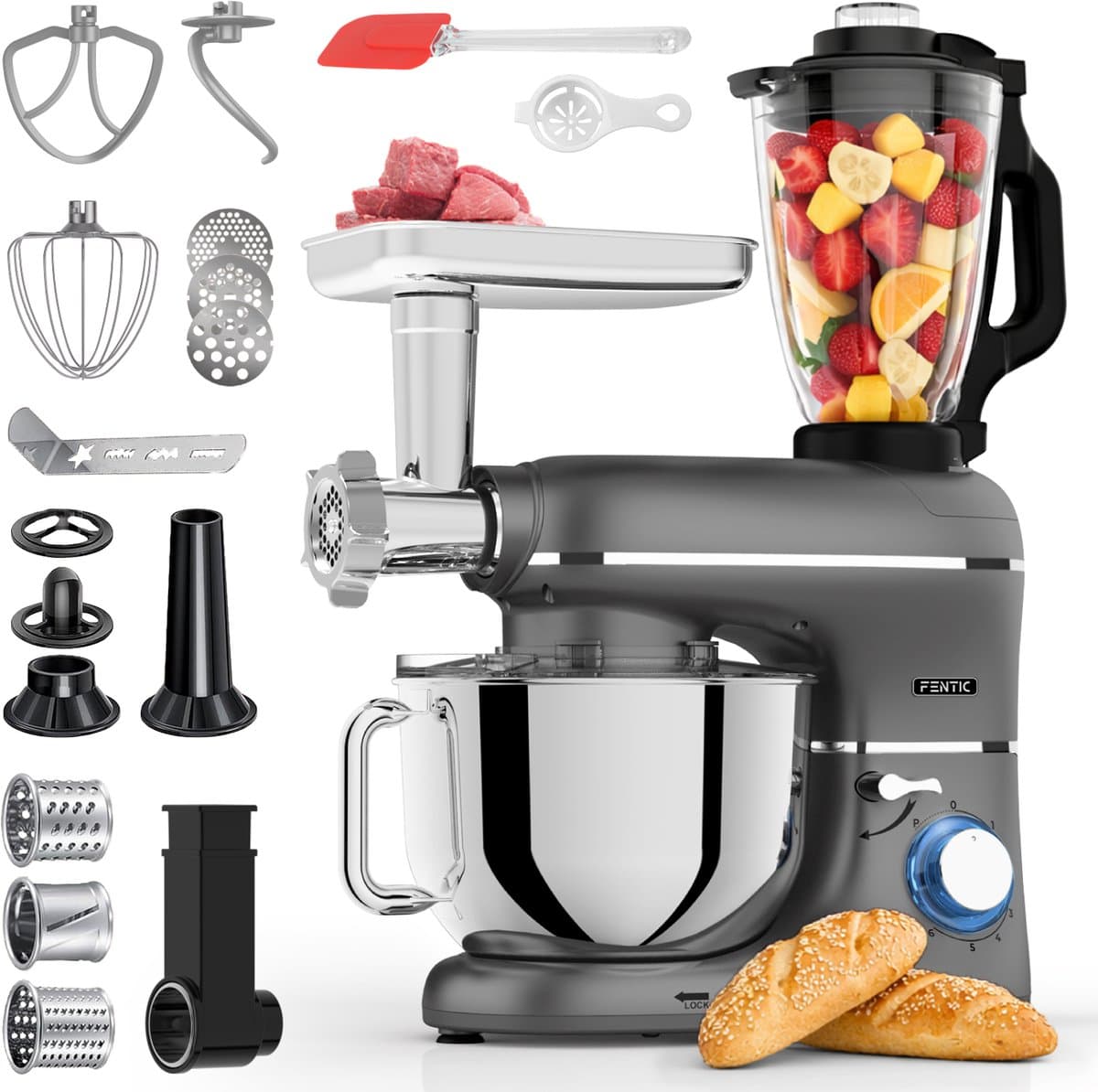 Fentic Keukenmachine – 2000W – Keukenrobot – Foodprocessor - 6,2L Mengkom – Incl. Vleesmolen, Blender en extra Accessoires – Antraciet